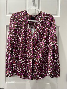 NWT Worthington Colorful Leopard Print Lightweight Long Sleeve Blouse Size M